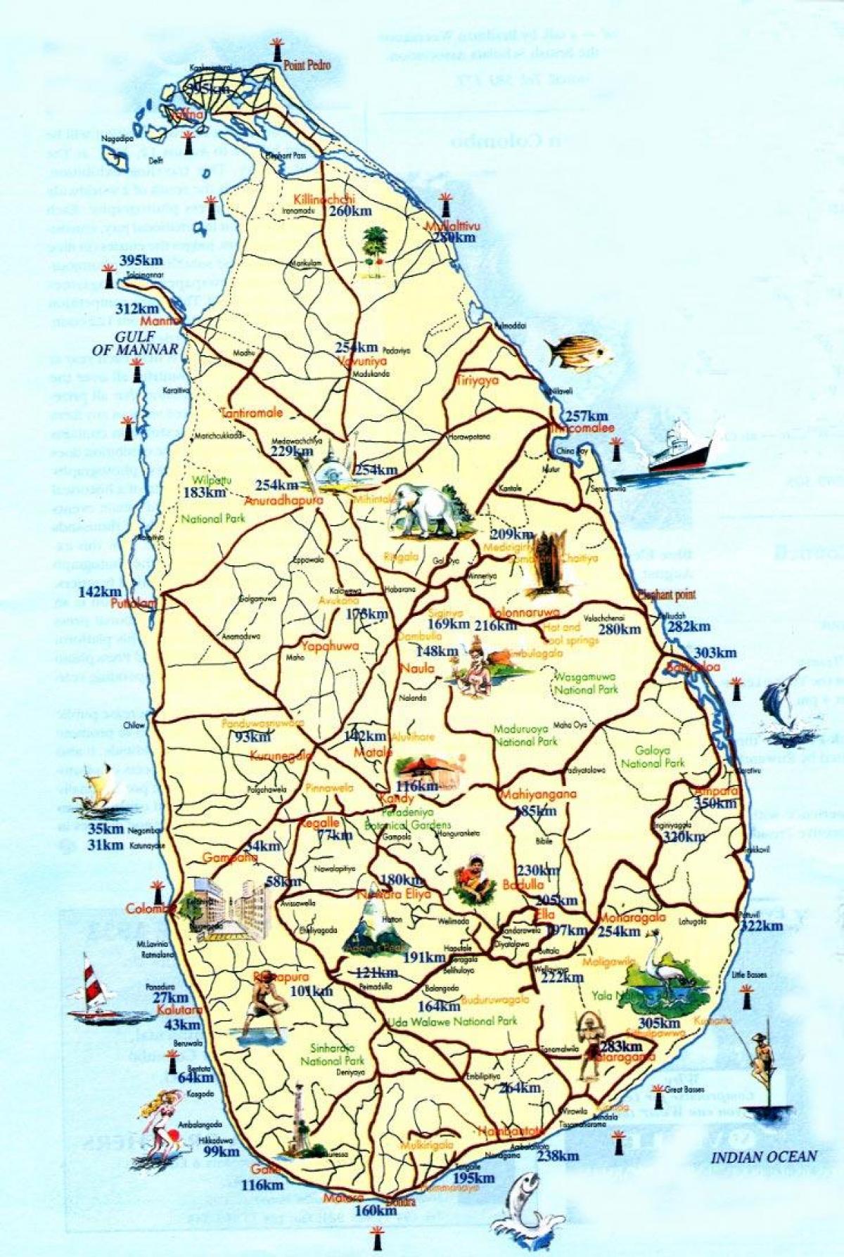 પ્રવાસી નકશો શ્રીલંકા સાથે શહેરો