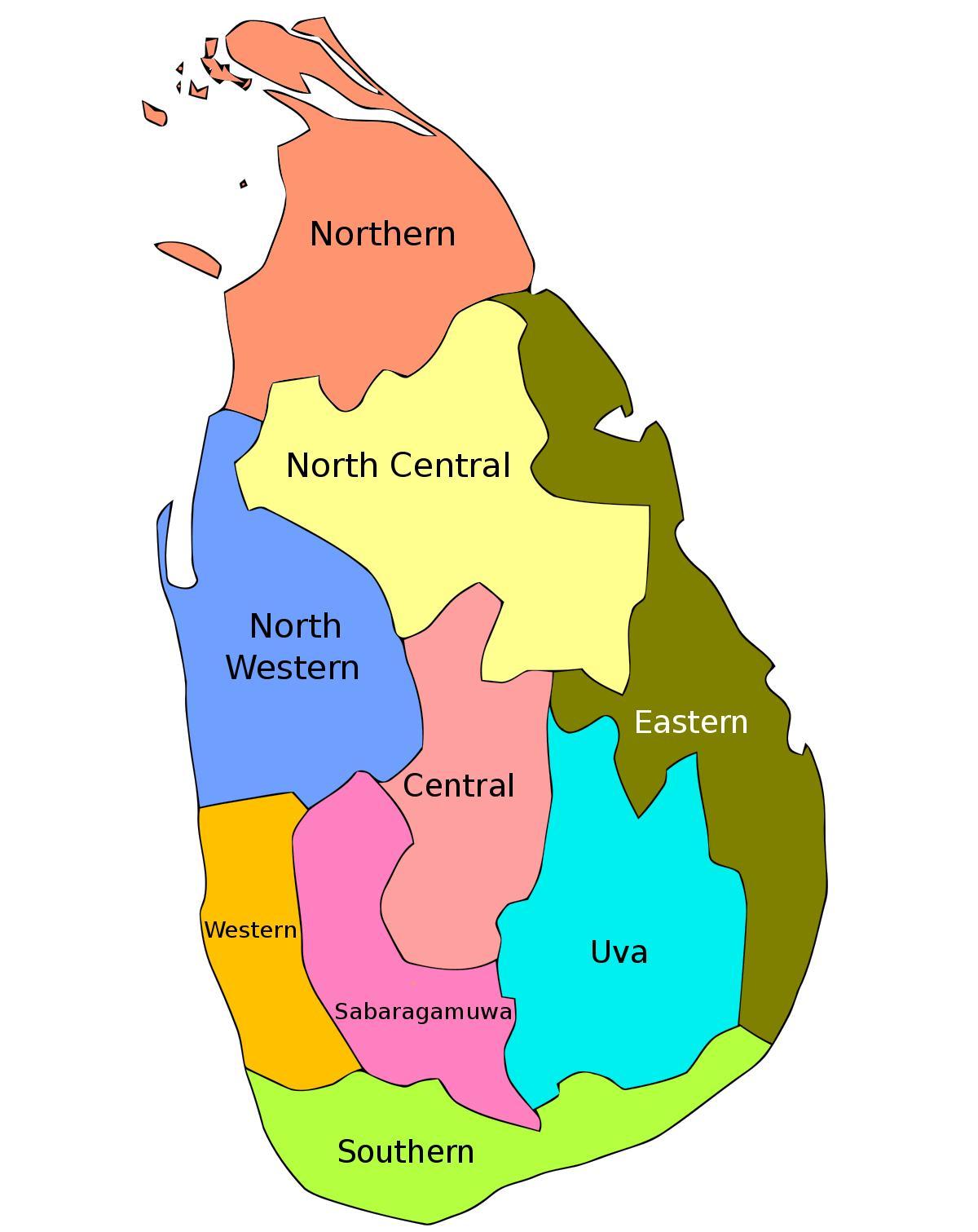 શ્રીલંકા નકશો પ્રાંતમાં જિલ્લાઓ